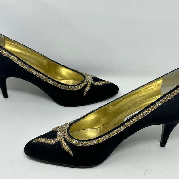 Rene Caovilla Wilkes Bashford Italy  Pump Heels Black Gold Satin Crystal Size 8 - Picture 3 of 14